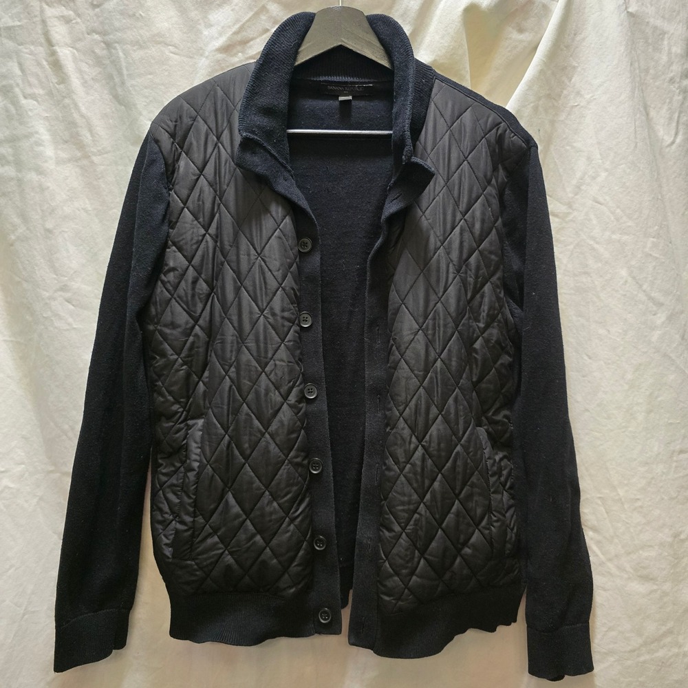 Banana‎ Republic Quilted Bomber Cardigan Sweater Black Mens Size M Button Front